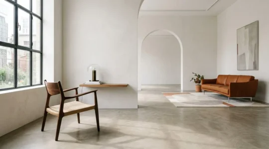 Vista panoramica di pezzi iconici del design italiano degli anni '50 e '60 in un ambiente elegante