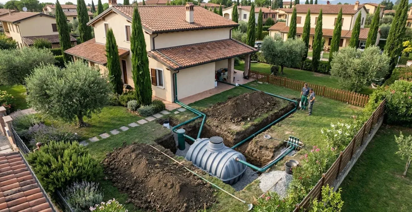 Sistema di raccolta acqua piovana con cisterna interrata nel giardino di una casa italiana