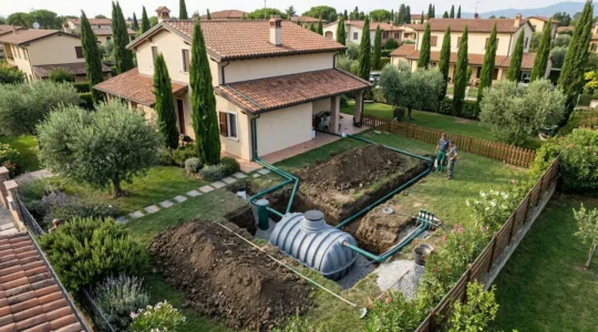 Sistema di raccolta acqua piovana con cisterna interrata nel giardino di una casa italiana