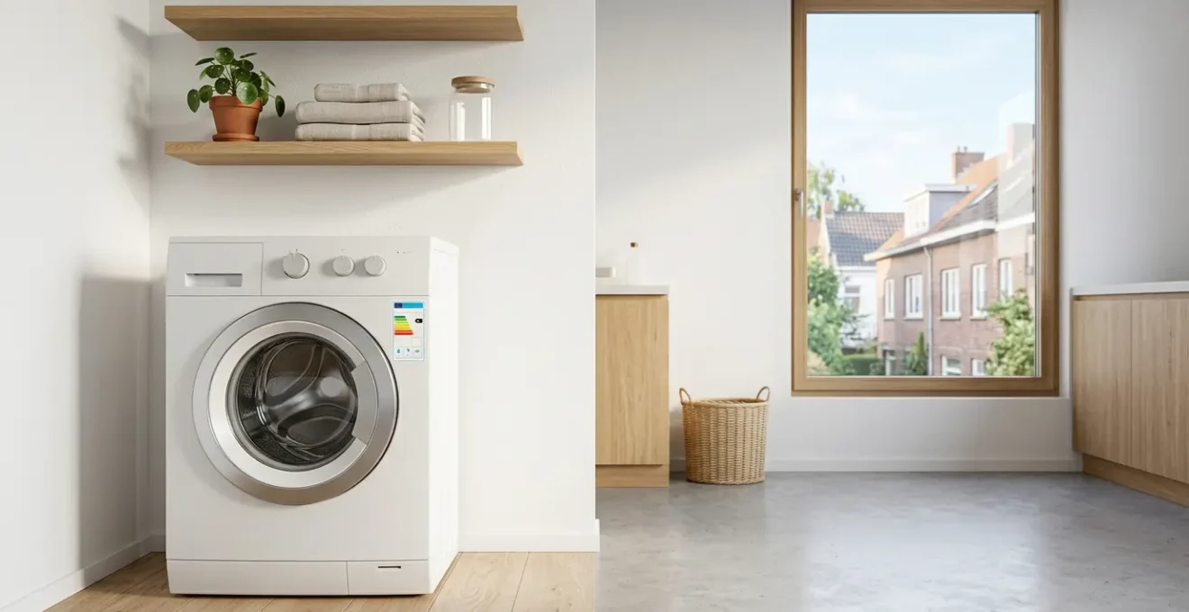 Lavatrice moderna con etichetta energetica visibile in ambiente domestico luminoso