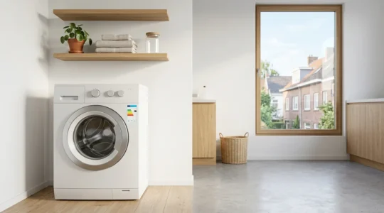 Lavatrice moderna con etichetta energetica visibile in ambiente domestico luminoso