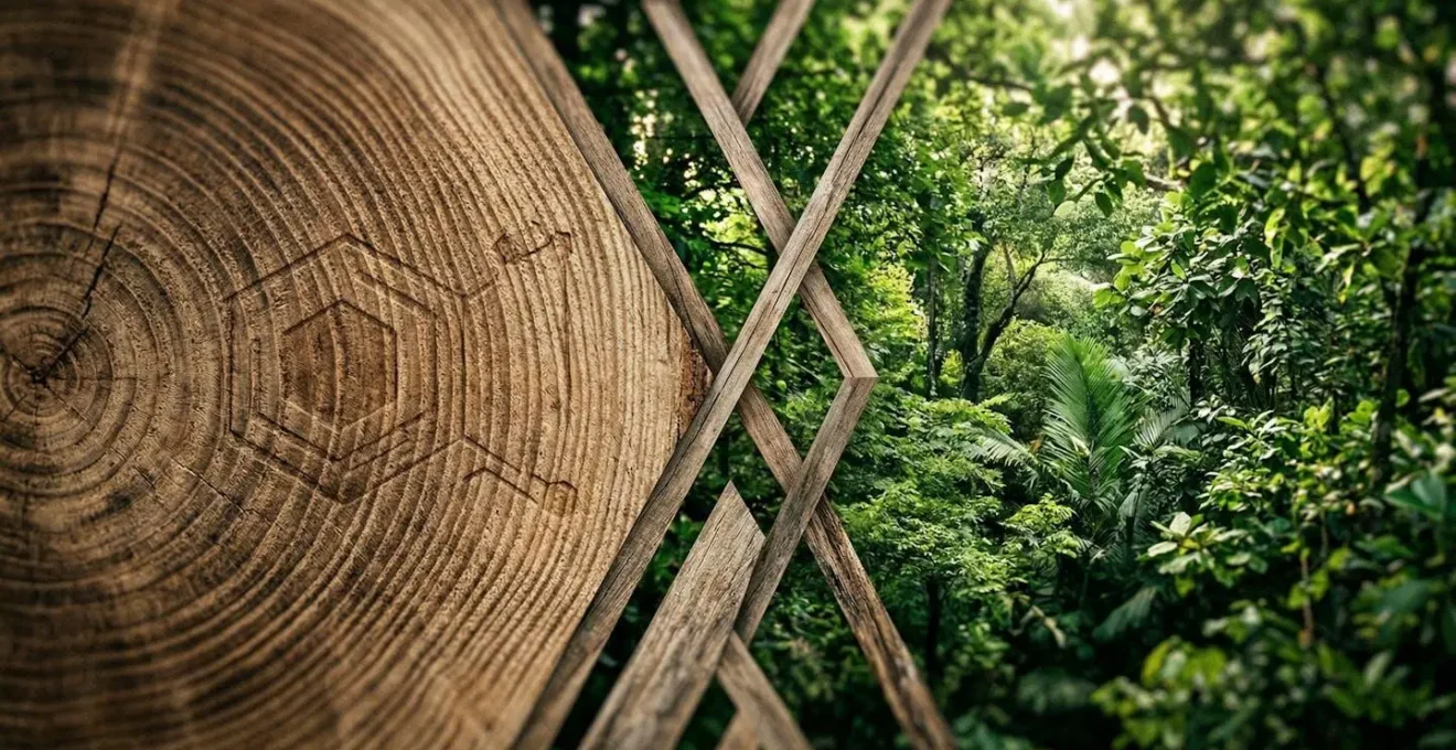 Primo piano di etichetta FSC su legno certificato con foresta sostenibile sfocata sullo sfondo