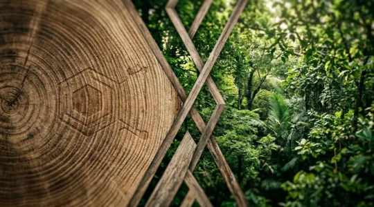Primo piano di etichetta FSC su legno certificato con foresta sostenibile sfocata sullo sfondo
