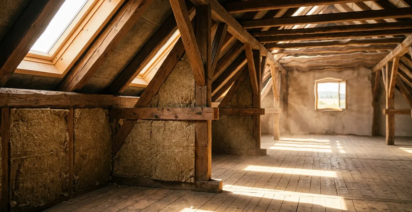 Vista interna di una mansarda con tetto in legno durante una calda giornata estiva, mostrando la differenza tra zone isolate e non isolate