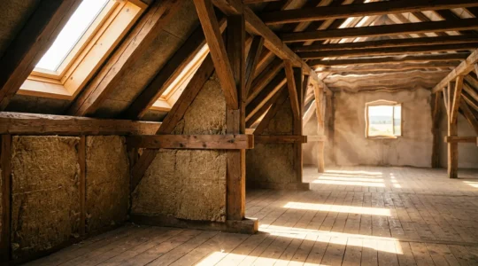 Vista interna di una mansarda con tetto in legno durante una calda giornata estiva, mostrando la differenza tra zone isolate e non isolate