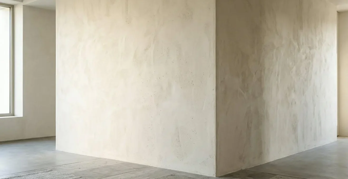 Parete interna con intonaco a calce naturale che mostra la texture materica e porosa del rivestimento traspirante