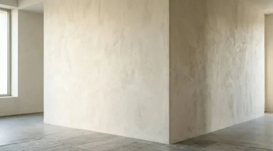 Parete interna con intonaco a calce naturale che mostra la texture materica e porosa del rivestimento traspirante