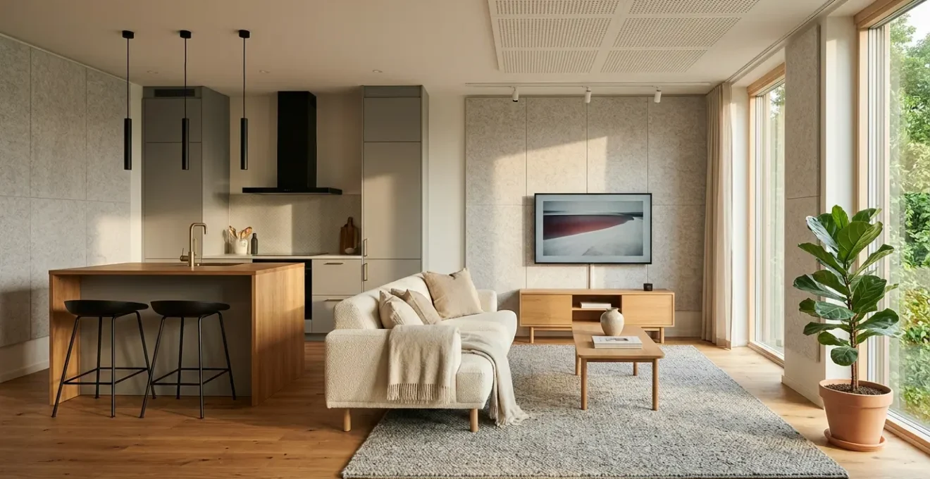 Vista panoramica di un open space di 40 metri quadrati con zona TV e cucina integrate armoniosamente