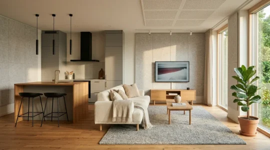 Vista panoramica di un open space di 40 metri quadrati con zona TV e cucina integrate armoniosamente