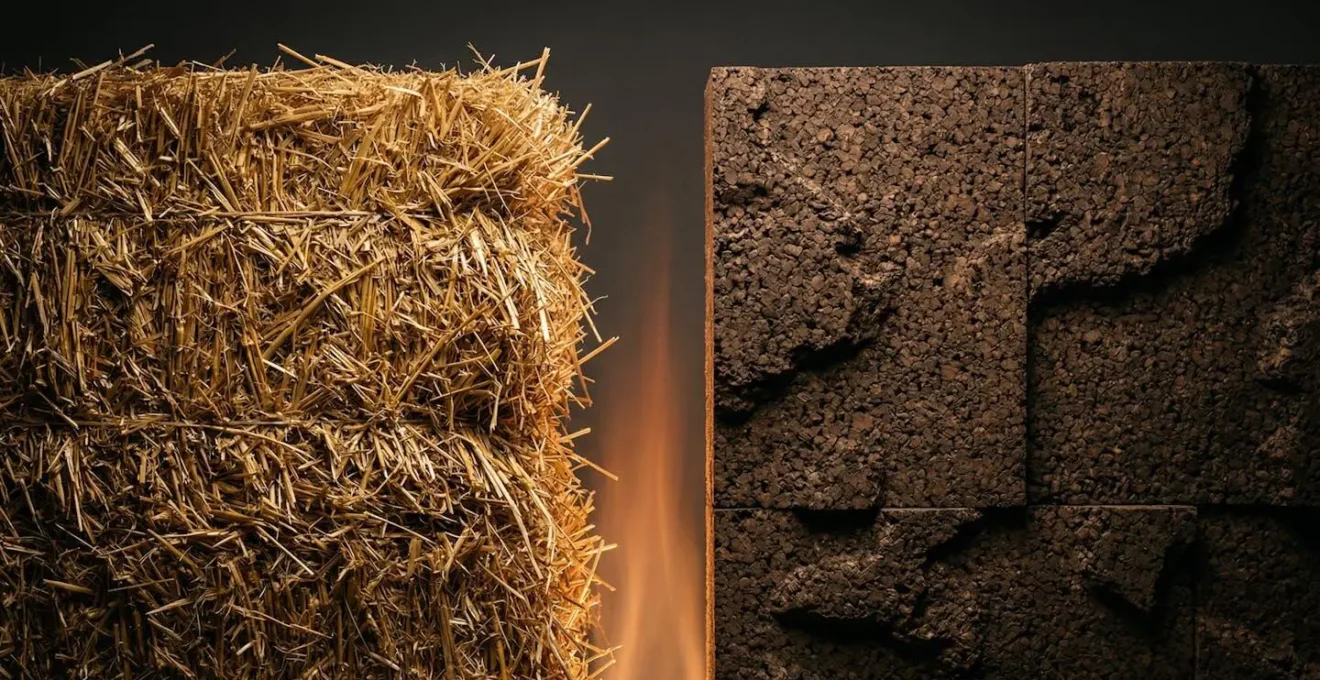 Confronto visivo tra pannelli isolanti di paglia compressa e sughero espanso con test di resistenza al fuoco