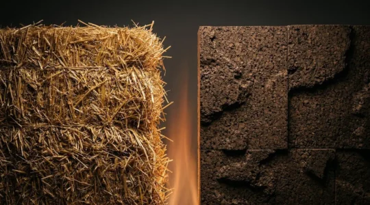 Confronto visivo tra pannelli isolanti di paglia compressa e sughero espanso con test di resistenza al fuoco