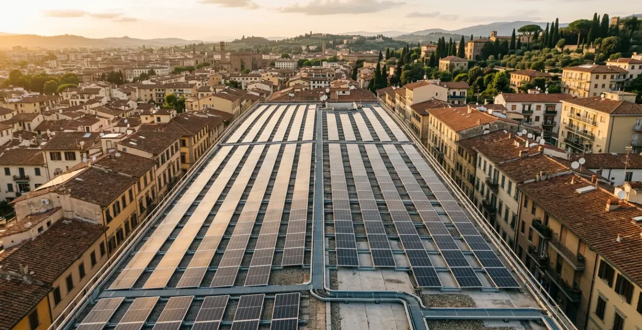 Vista panoramica di un tetto condominiale con pannelli fotovoltaici installati in modo ordinato