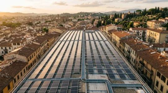 Vista panoramica di un tetto condominiale con pannelli fotovoltaici installati in modo ordinato