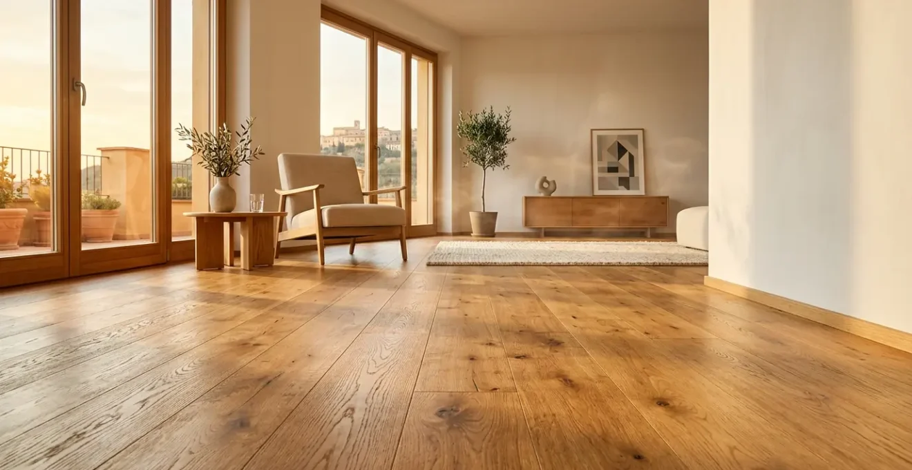 Soggiorno moderno con parquet in rovere massello e sistema di riscaldamento a pavimento