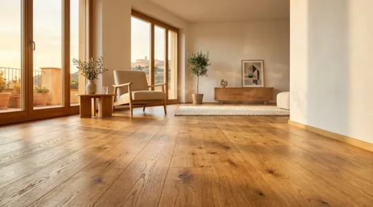Soggiorno moderno con parquet in rovere massello e sistema di riscaldamento a pavimento