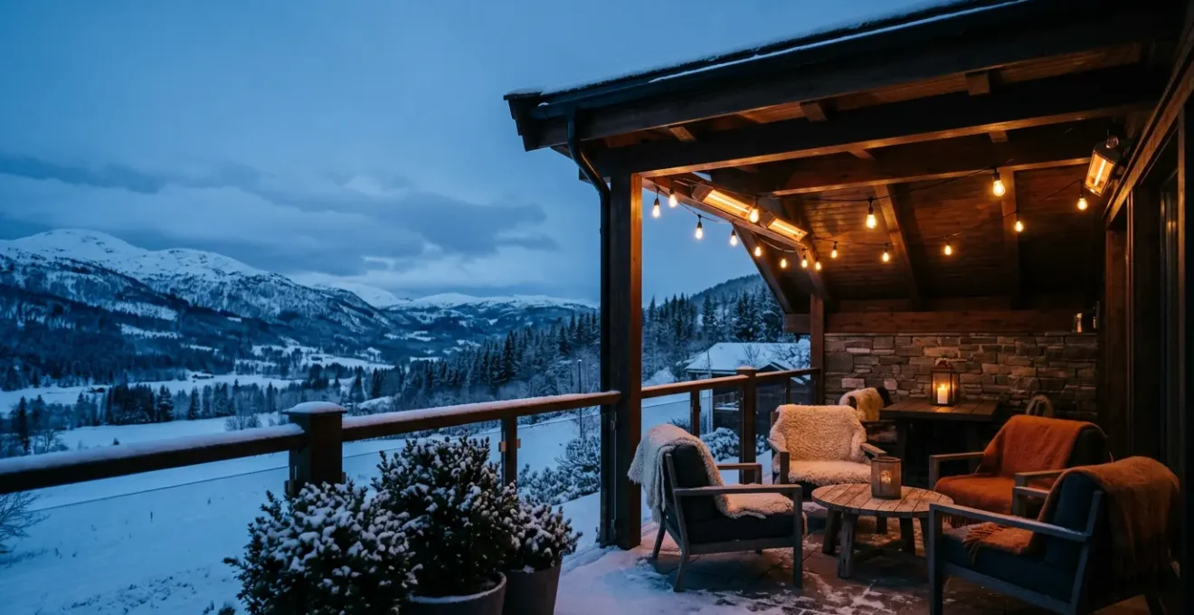 Patio coperto in inverno con luci calde e atmosfera accogliente, vista serale con neve sui mobili esterni