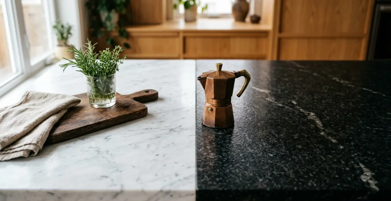 Vista ravvicinata di un piano cucina con marmo e granito, mostrando le diverse finiture e texture