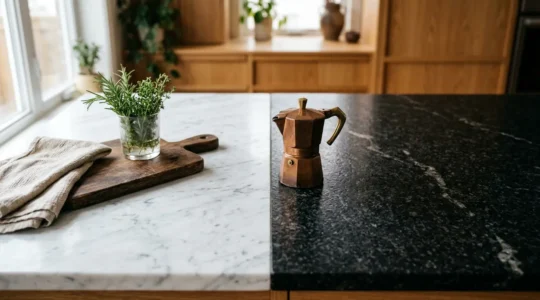 Vista ravvicinata di un piano cucina con marmo e granito, mostrando le diverse finiture e texture