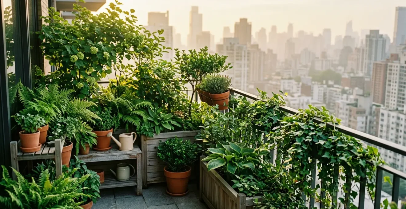 Balcone urbano rigoglioso con piante verdi che filtrano l'aria inquinata della città