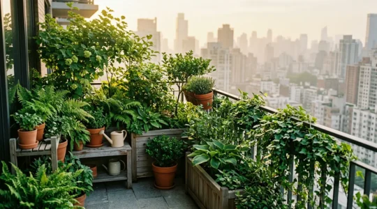 Balcone urbano rigoglioso con piante verdi che filtrano l'aria inquinata della città