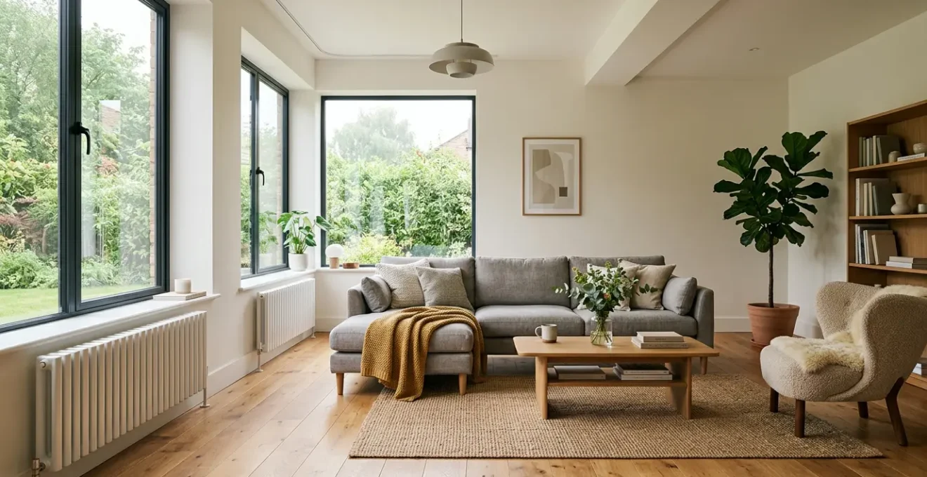 Casa moderna con sistema di pompa di calore collegata a termosifoni eleganti in ambiente domestico accogliente