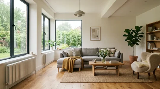 Casa moderna con sistema di pompa di calore collegata a termosifoni eleganti in ambiente domestico accogliente