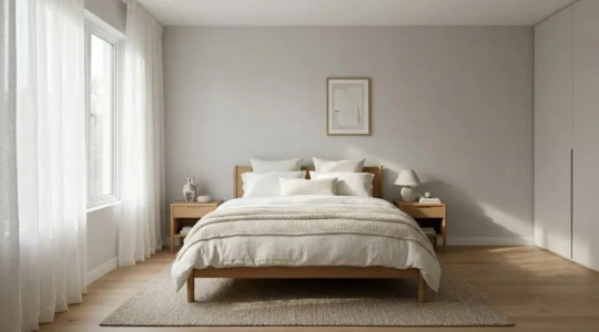 Camera da letto moderna con letto posizionato correttamente rispetto alla finestra e alla porta