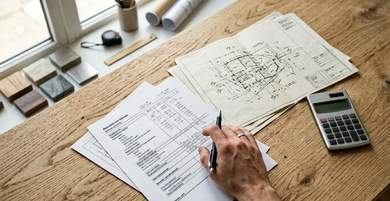 Preventivo di ristrutturazione con documenti e calcoli su tavolo da lavoro