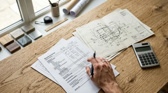 Preventivo di ristrutturazione con documenti e calcoli su tavolo da lavoro