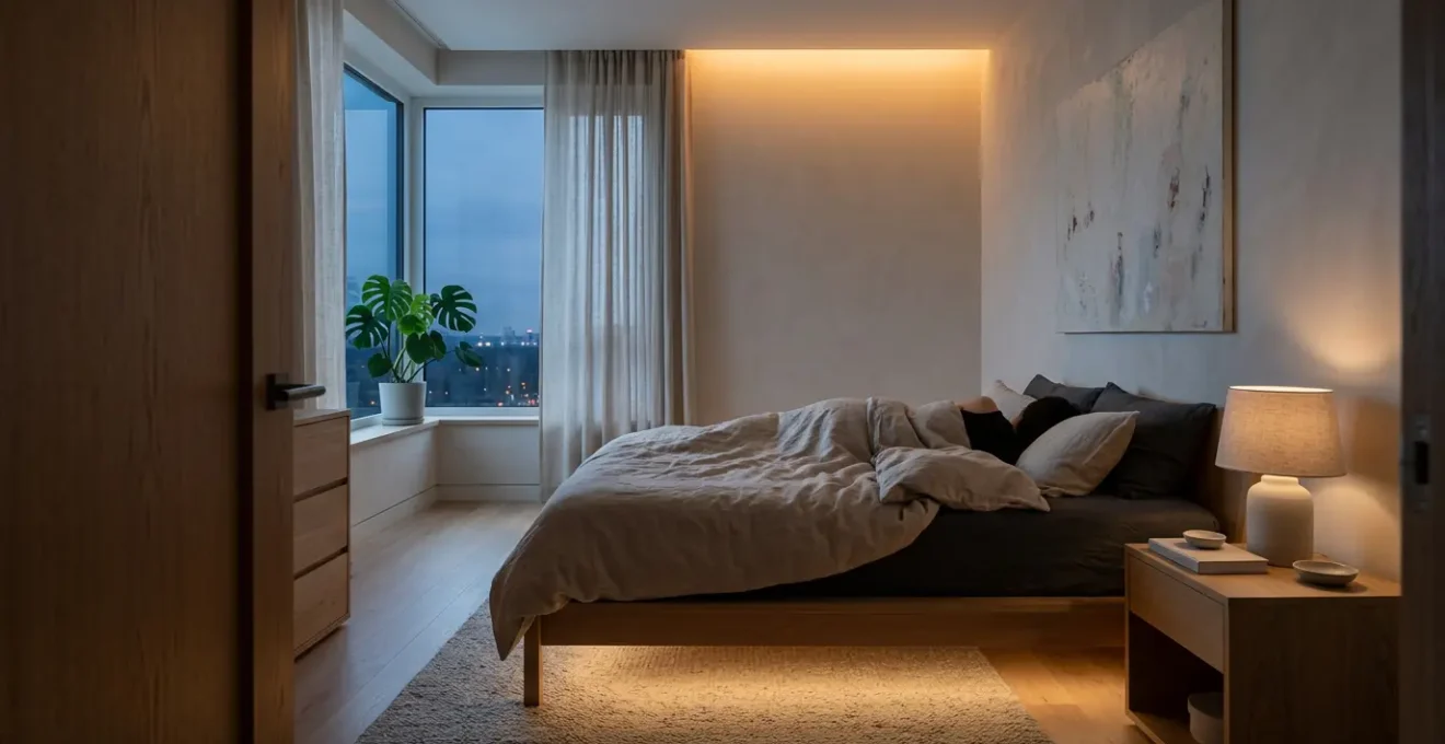 Camera da letto moderna con illuminazione LED smart regolabile dal calda al fredda