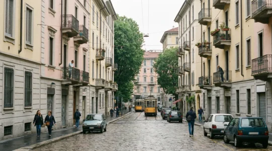 Quartiere residenziale di Milano con palazzi tipici e balconi fioriti al mattino