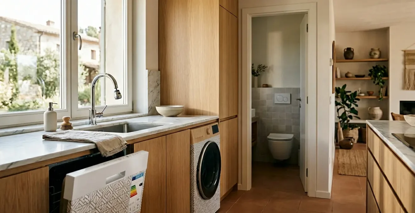 Vista panoramica di una cucina moderna con elettrodomestici efficienti e sistemi di risparmio idrico