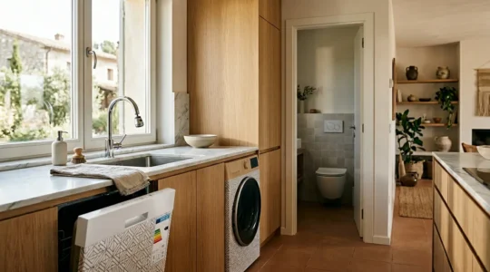 Vista panoramica di una cucina moderna con elettrodomestici efficienti e sistemi di risparmio idrico