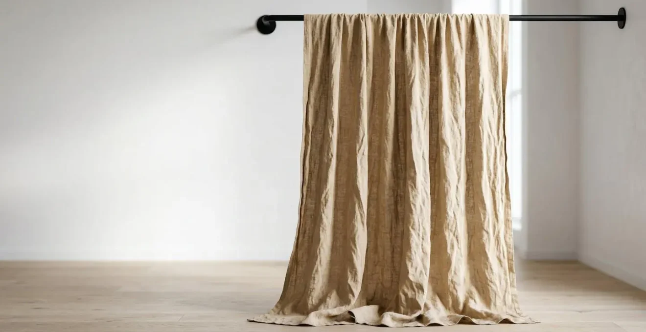 Tenda in lino stropicciato color sabbia con pieghe naturali illuminate da luce soffusa