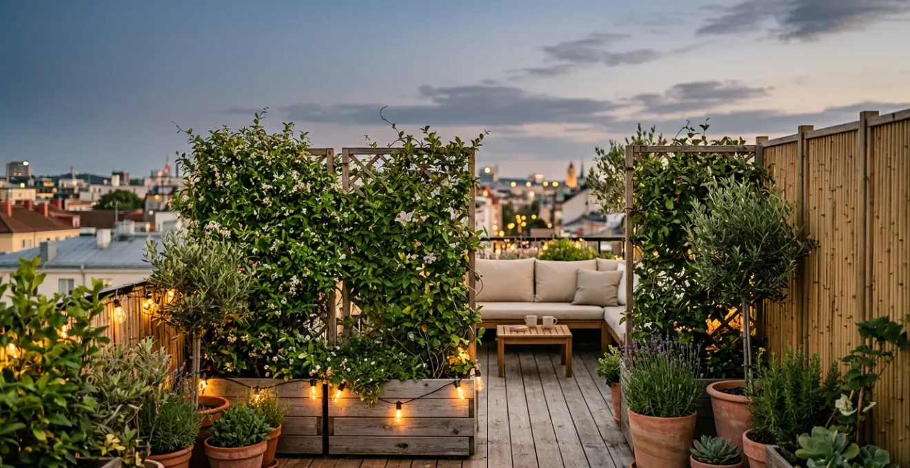 Vista panoramica di un terrazzo urbano trasformato in oasi privata con piante rampicanti su grigliati e luci calde