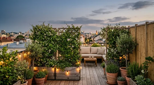 Vista panoramica di un terrazzo urbano trasformato in oasi privata con piante rampicanti su grigliati e luci calde