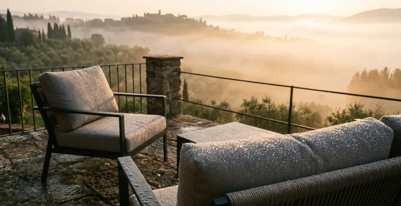 Cuscini da esterno con gocce di rugiada mattutina su tessuto idrorepellente