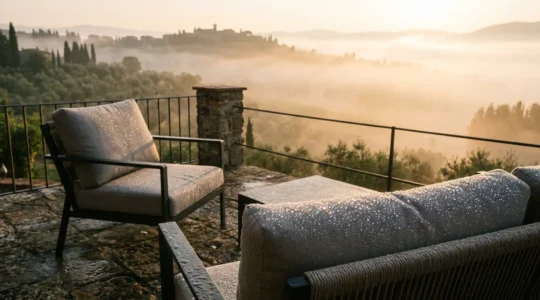 Cuscini da esterno con gocce di rugiada mattutina su tessuto idrorepellente