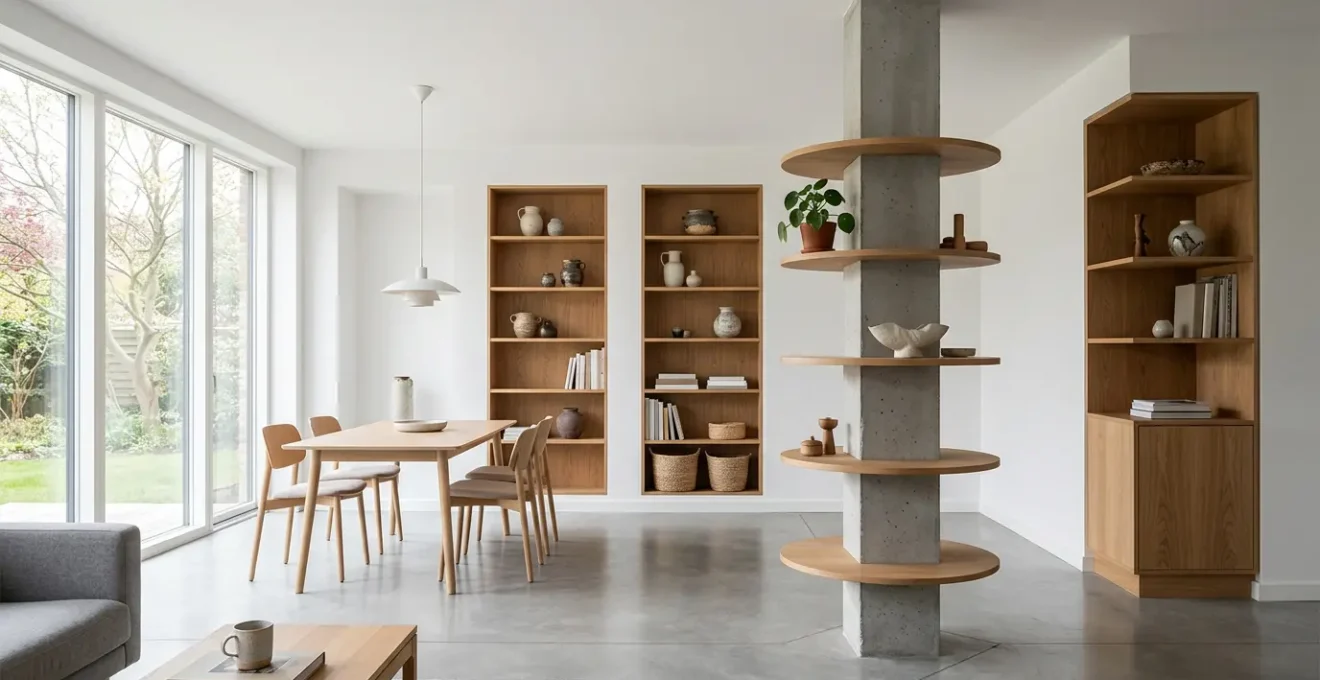 Vista di un elegante spazio domestico con nicchie e pilastri trasformati in soluzioni contenitive integrate