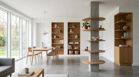 Vista di un elegante spazio domestico con nicchie e pilastri trasformati in soluzioni contenitive integrate