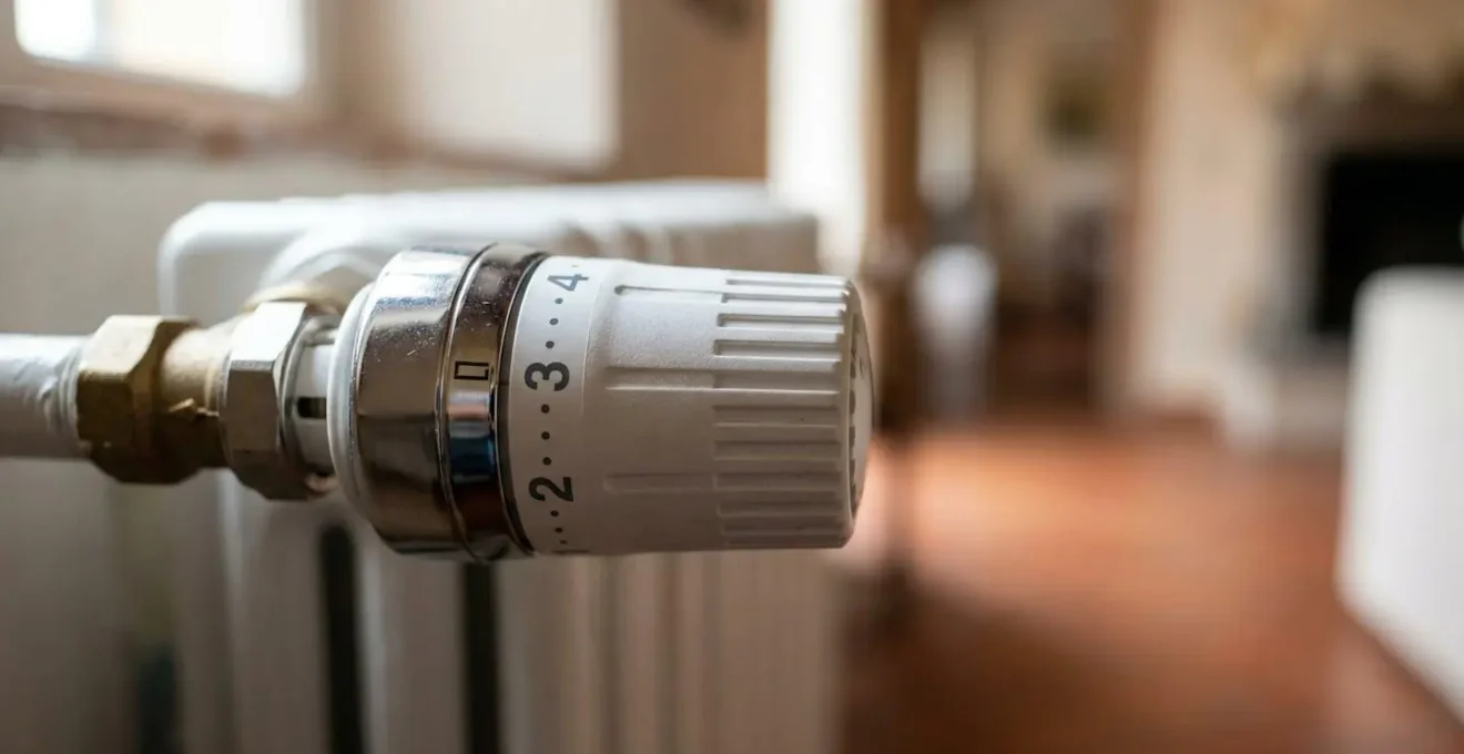Vista ravvicinata di una valvola termostatica montata su un radiatore in un appartamento condominiale italiano