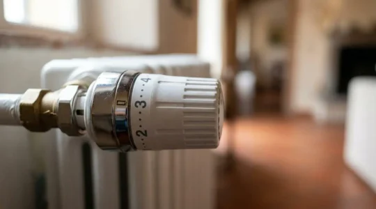 Vista ravvicinata di una valvola termostatica montata su un radiatore in un appartamento condominiale italiano