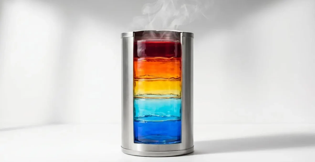 Sezione trasversale stilizzata di un boiler elettrico con visualizzazione del gradiente termico dall'acqua calda a quella fredda