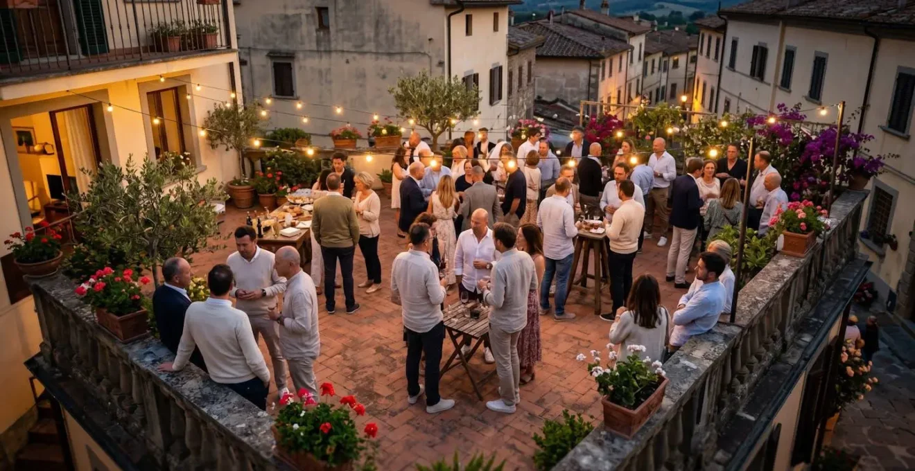 Vista dall'alto di persone distribuite su un terrazzo con zone di carico evidenziate