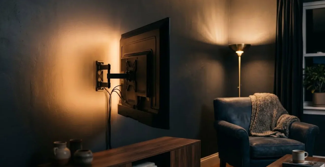 Salotto con TV e sistema di illuminazione bias lighting dietro lo schermo per ridurre l'affaticamento visivo