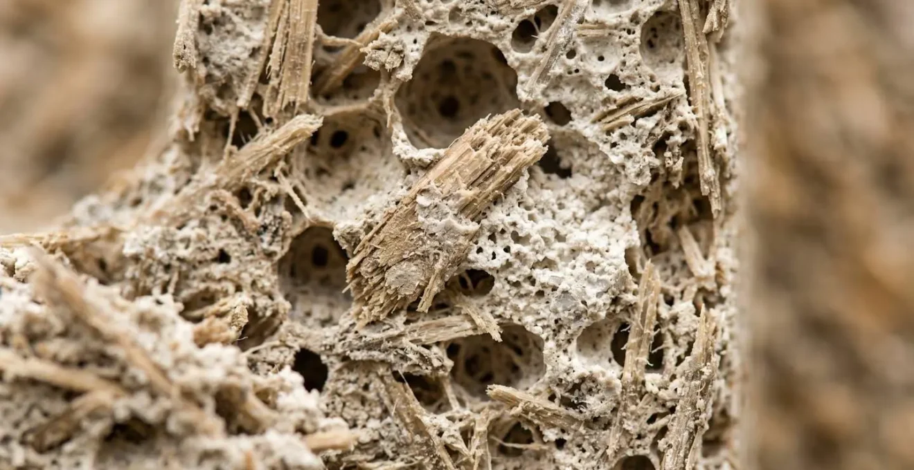 Dettaglio macro della struttura porosa del biomattone in canapa e calce