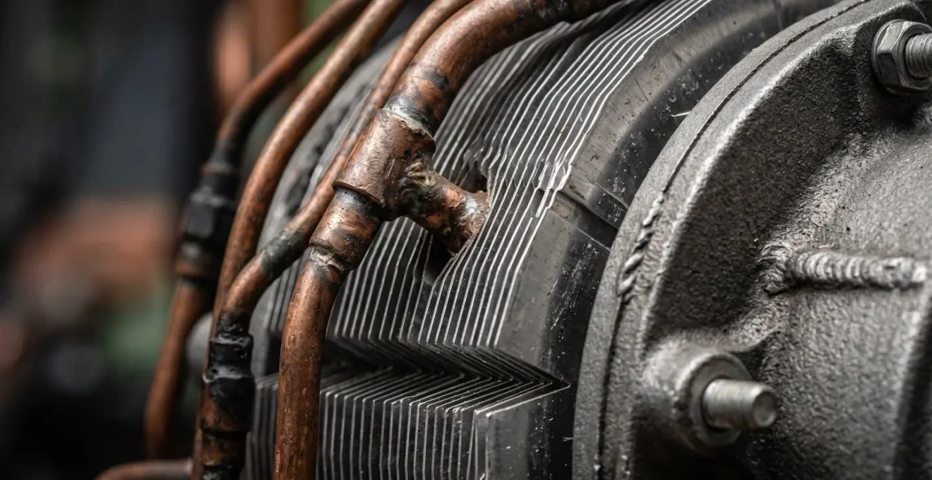 Vista macro del compressore di una pompa di calore con dettagli tecnici visibili