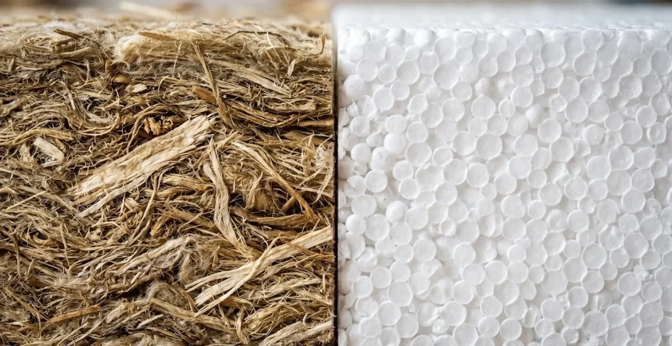 Dettaglio macro della struttura fibrosa e densa della fibra di legno a confronto con la struttura cellulare e leggera del polistirolo