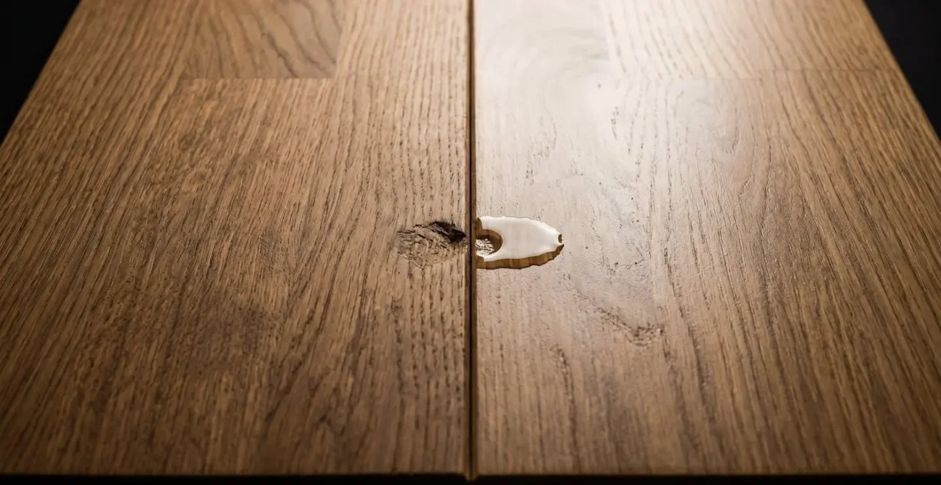 Dettaglio ravvicinato di parquet con metà superficie oliata e metà verniciata