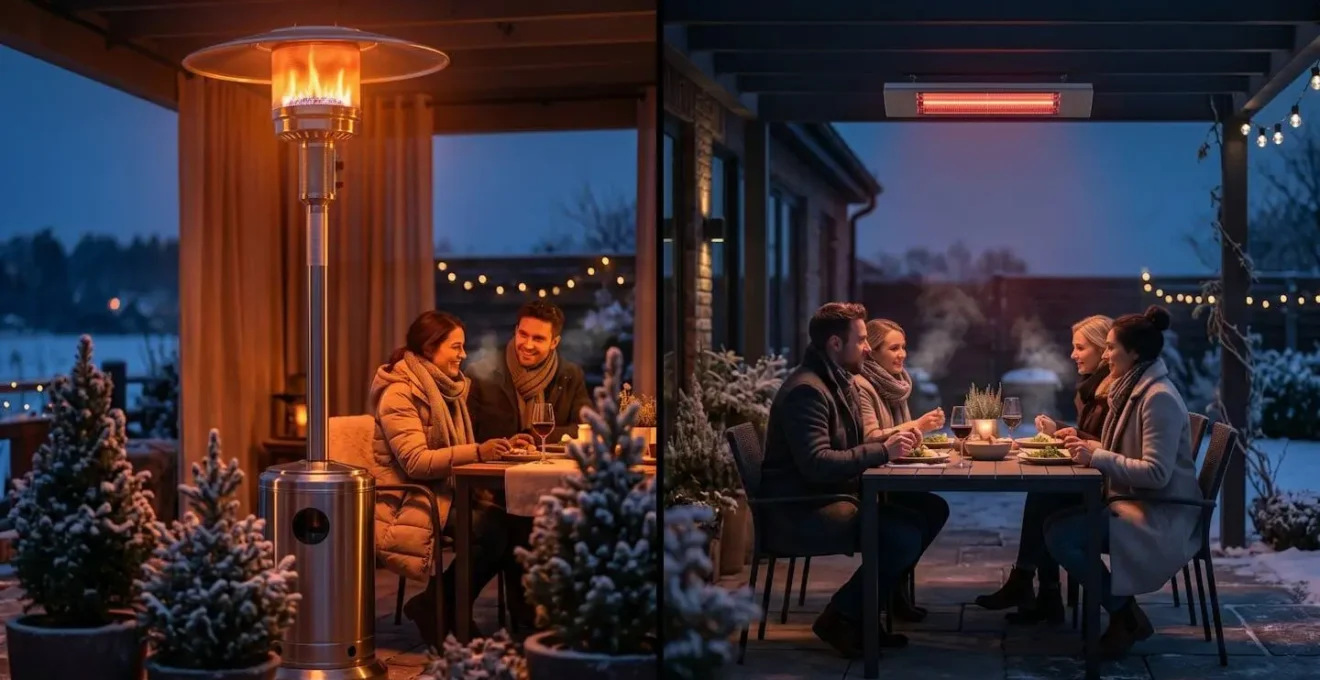 Confronto visivo tra riscaldatore a fungo e lampada infrarossi su terrazza invernale durante cena serale